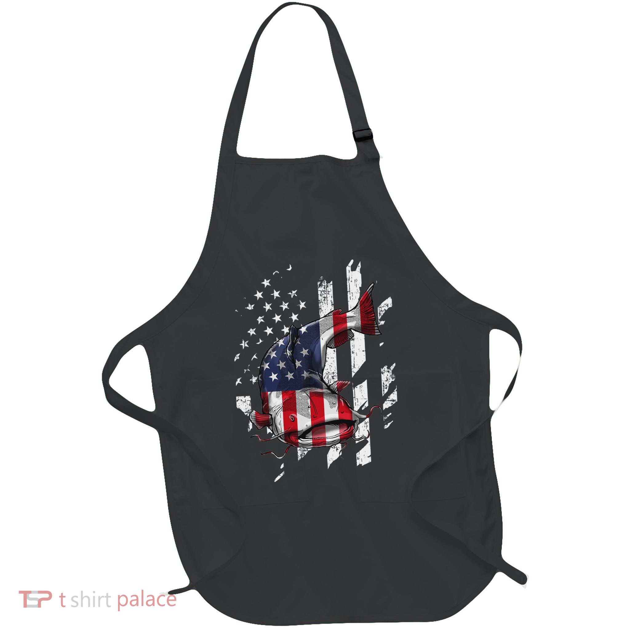 Catfishing American Flag Catfish Angler Fisherman Full-Length Apron With Pockets