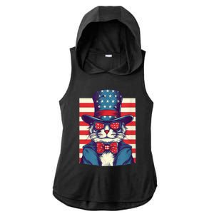 Cat American Flag Pride And Liberty On The Fourth Of July Ladies PosiCharge Tri-Blend Wicking Draft Hoodie Tank