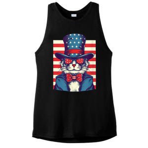 Cat American Flag Pride And Liberty On The Fourth Of July Ladies PosiCharge Tri-Blend Wicking Tank