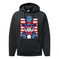 Cat American Flag Pride And Liberty On The Fourth Of July Performance Fleece Hoodie