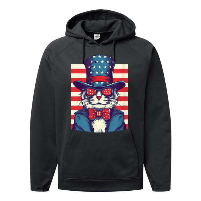 Cat American Flag Pride And Liberty On The Fourth Of July Performance Fleece Hoodie