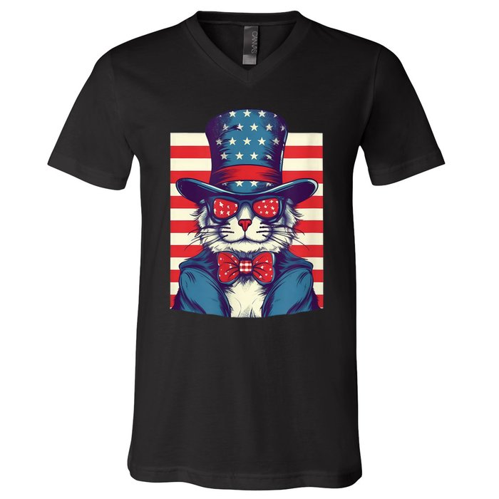 Cat American Flag Pride And Liberty On The Fourth Of July V-Neck T-Shirt