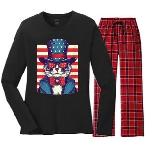 Cat American Flag Pride And Liberty On The Fourth Of July Women's Long Sleeve Flannel Pajama Set 