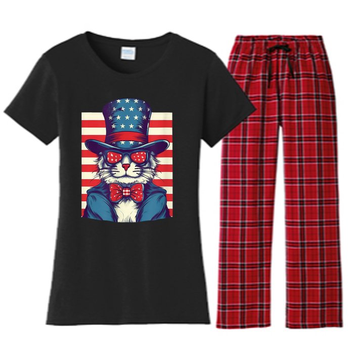 Cat American Flag Pride And Liberty On The Fourth Of July Women's Flannel Pajama Set