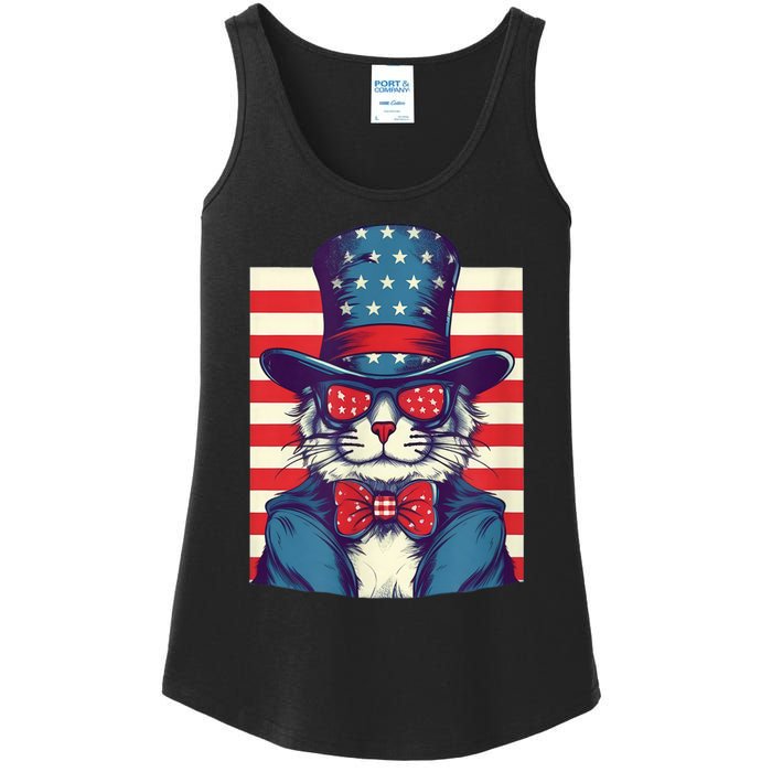 Cat American Flag Pride And Liberty On The Fourth Of July Ladies Essential Tank