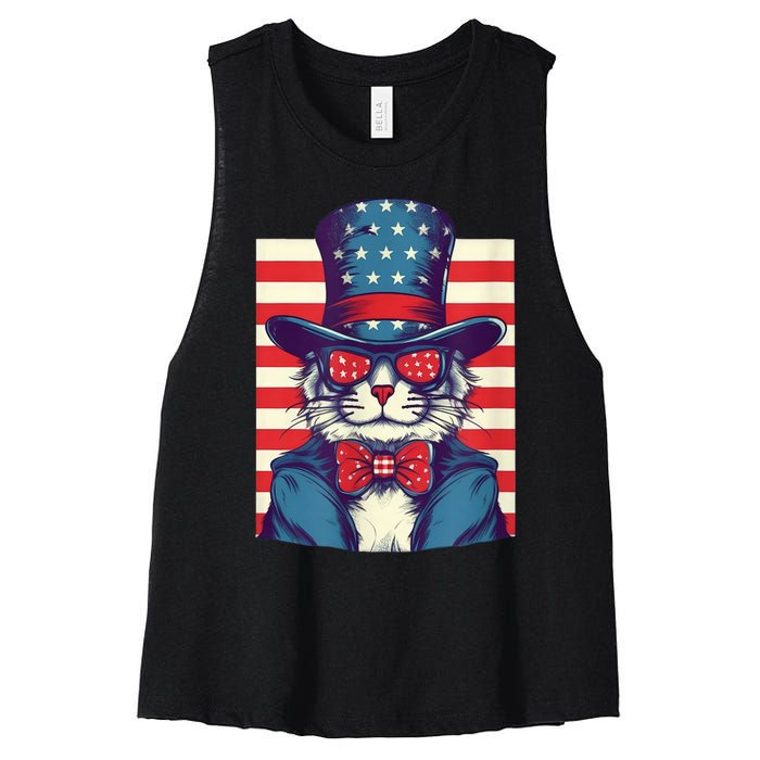 Cat American Flag Pride And Liberty On The Fourth Of July Women's Racerback Cropped Tank