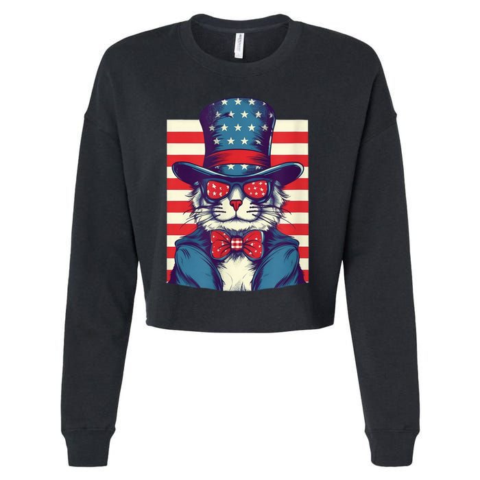 Cat American Flag Pride And Liberty On The Fourth Of July Cropped Pullover Crew