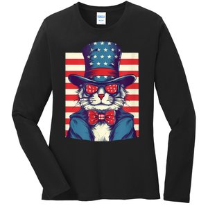 Cat American Flag Pride And Liberty On The Fourth Of July Ladies Long Sleeve Shirt