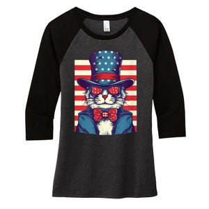 Cat American Flag Pride And Liberty On The Fourth Of July Women's Tri-Blend 3/4-Sleeve Raglan Shirt