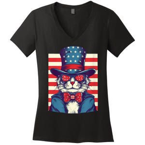 Cat American Flag Pride And Liberty On The Fourth Of July Women's V-Neck T-Shirt