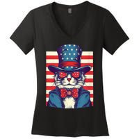 Cat American Flag Pride And Liberty On The Fourth Of July Women's V-Neck T-Shirt