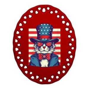 Cat American Flag Pride And Liberty On The Fourth Of July Ceramic Oval Ornament