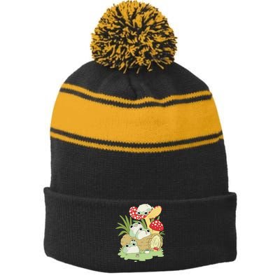Cottagecore Aesthetic Frog Lying On Mushroom Cute Frog Lover Stripe Pom Pom Beanie