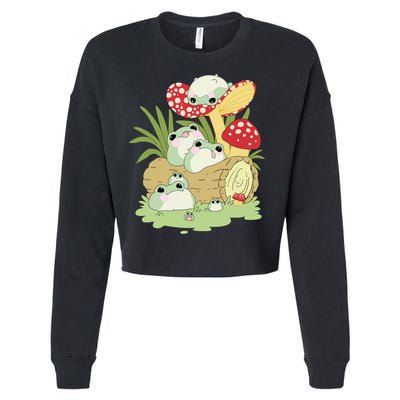 Cottagecore Aesthetic Frog Lying On Mushroom Cute Frog Lover Cropped Pullover Crew