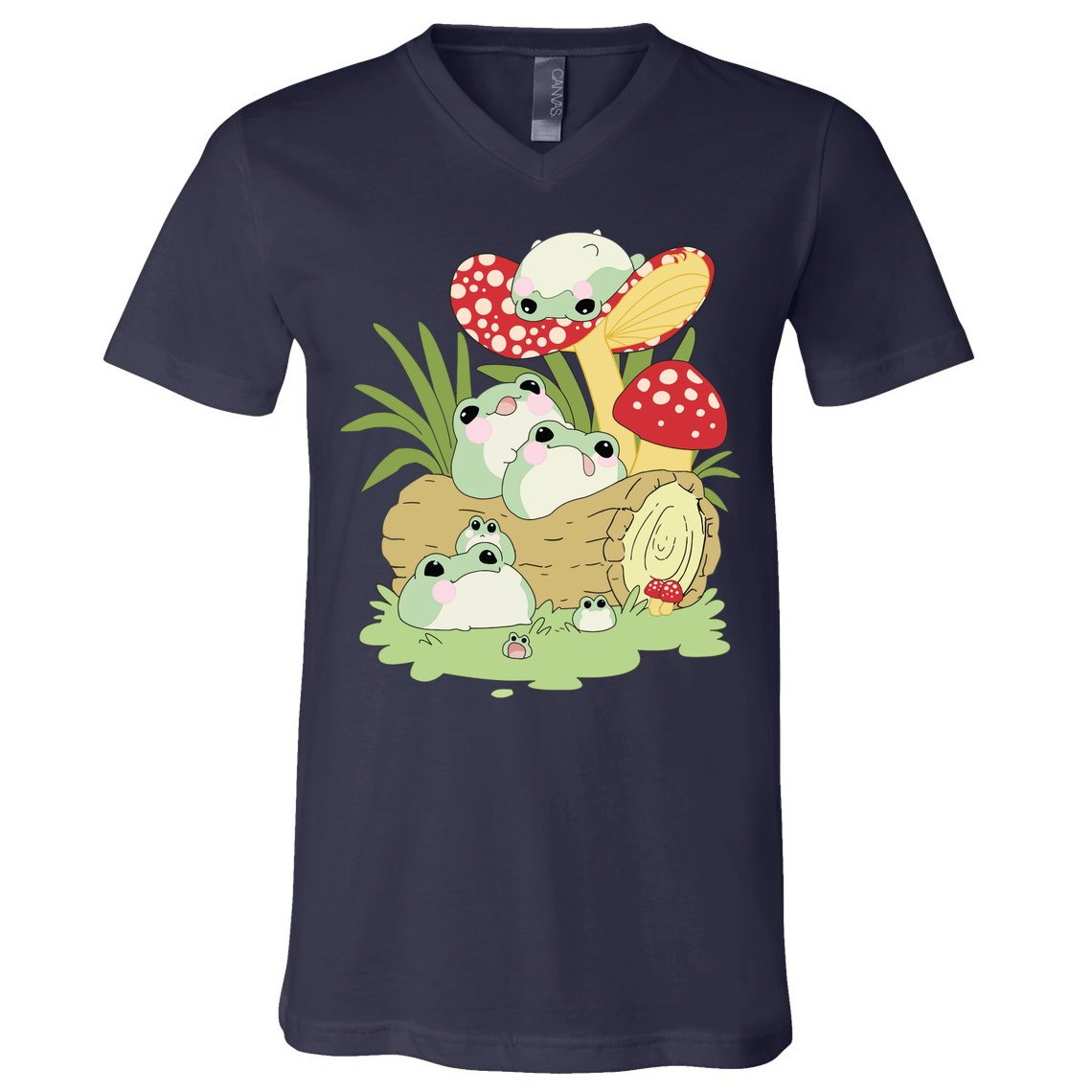 Cottagecore Aesthetic Frog Lying On Mushroom Cute Frog Lover V-Neck T-Shirt