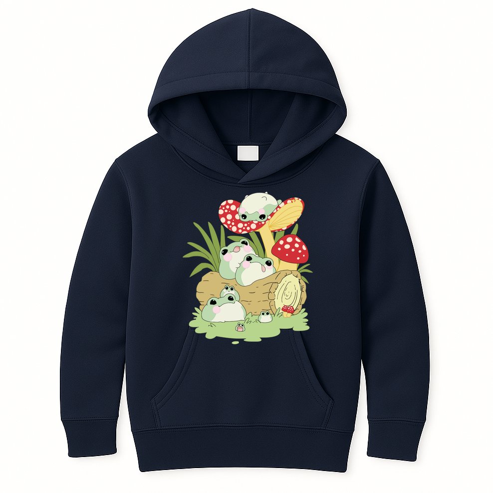 Cottagecore Aesthetic Frog Lying On Mushroom Cute Frog Lover Kids Hoodie