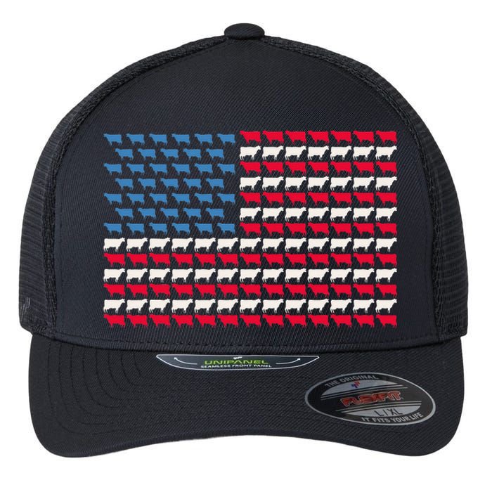 Cow American Flag Heifer US 4th Of July Farm Cattle USA Gift Flexfit Unipanel Trucker Cap