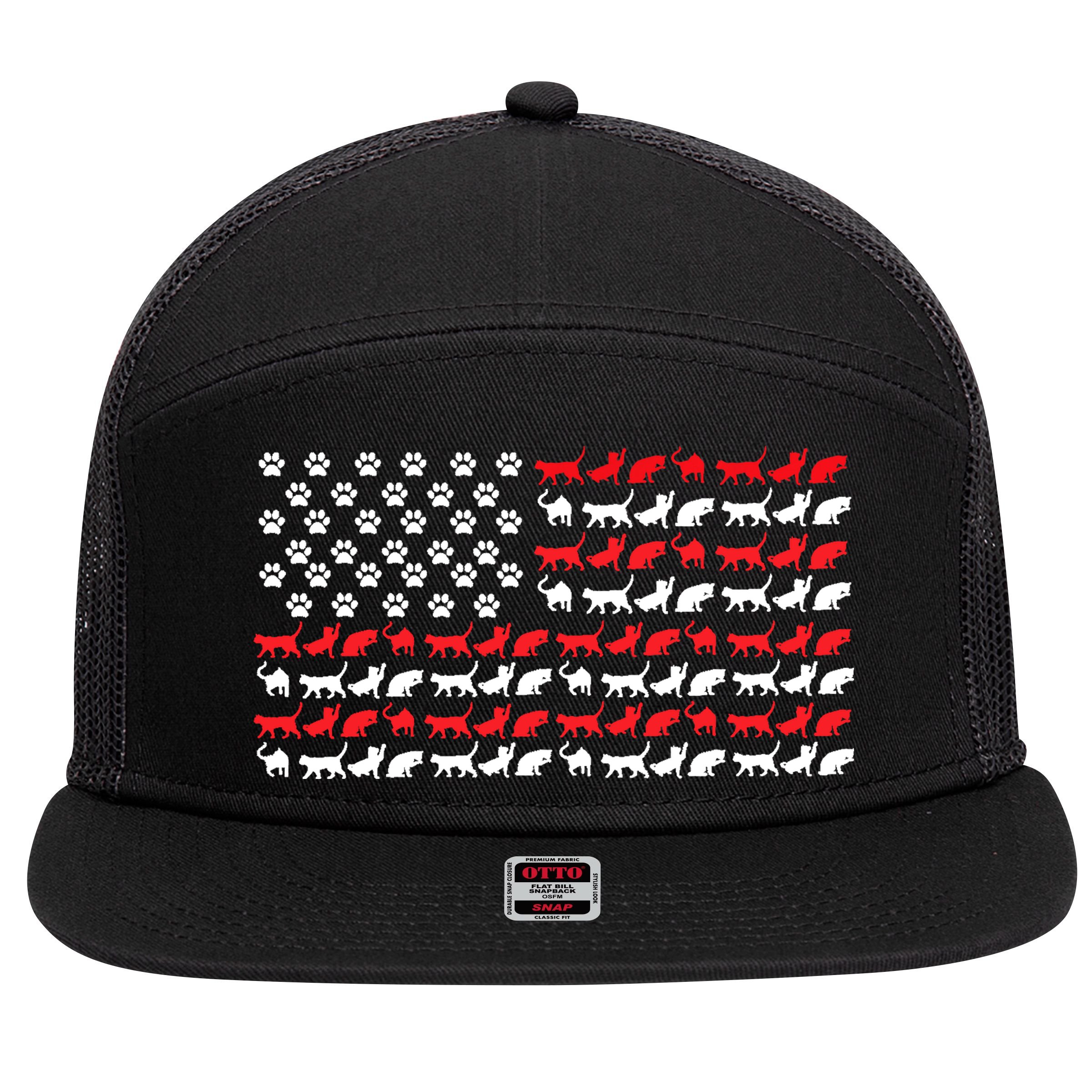 Cat American Flag USA Paws Patriotic 7 Panel Mesh Trucker Snapback Hat