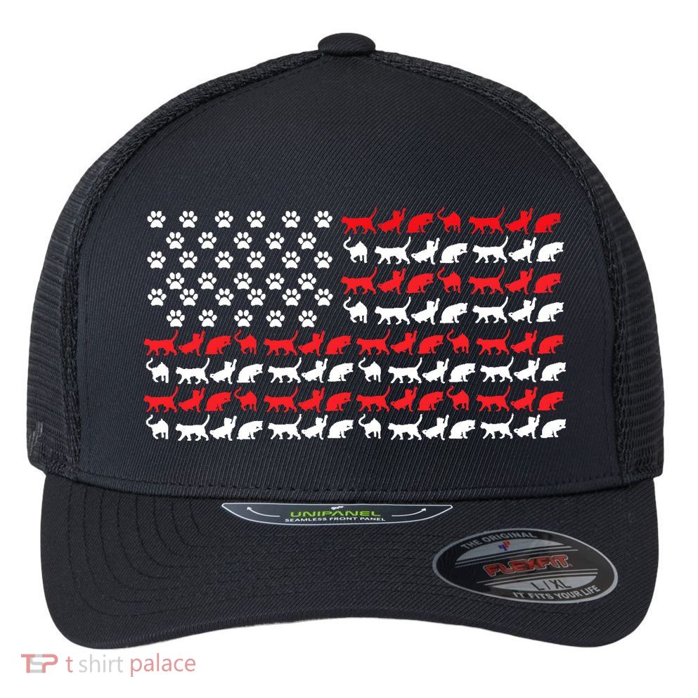 Cat American Flag USA Paws Patriotic Flexfit Unipanel Trucker Cap