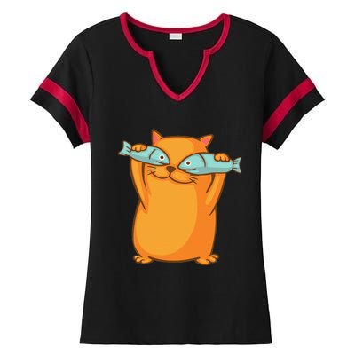 Cute And Funny Ginger Cat Has Fish Eyes Kitty Kitten Joke Ladies Halftime Notch Neck Tee