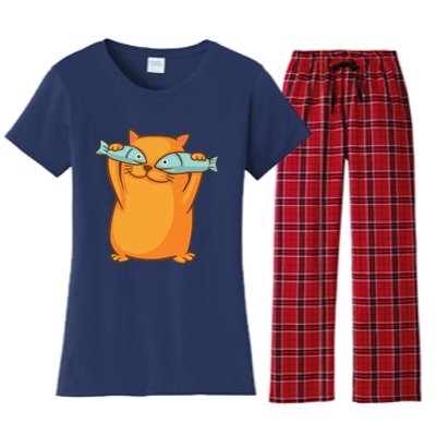 Cute And Funny Ginger Cat Has Fish Eyes Kitty Kitten Joke Women's Flannel Pajama Set