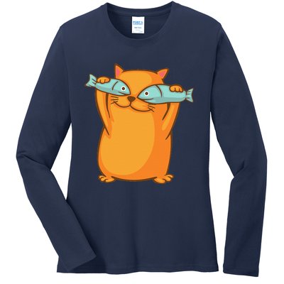 Cute And Funny Ginger Cat Has Fish Eyes Kitty Kitten Joke Ladies Long Sleeve Shirt