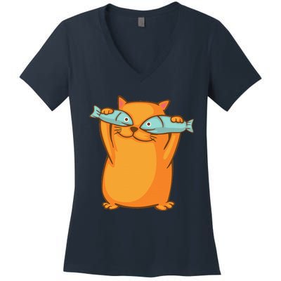 Cute And Funny Ginger Cat Has Fish Eyes Kitty Kitten Joke Women's V-Neck T-Shirt