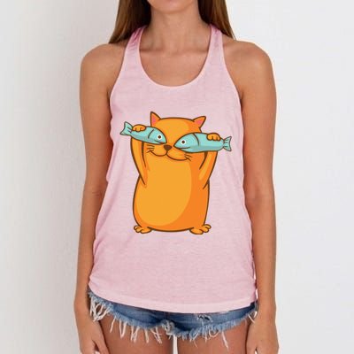 Cute And Funny Ginger Cat Has Fish Eyes Kitty Kitten Joke Women's Knotted Racerback Tank