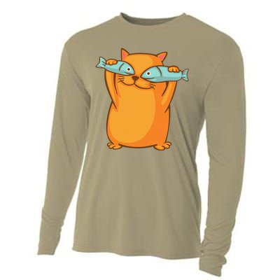 Cute And Funny Ginger Cat Has Fish Eyes Kitty Kitten Joke Cooling Performance Long Sleeve Crew