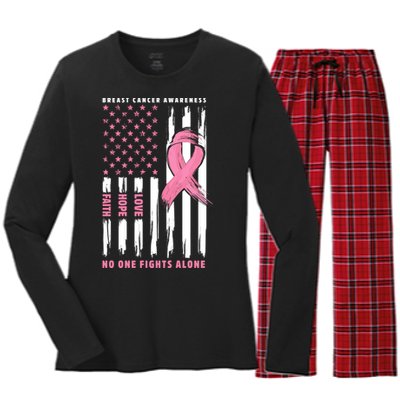 Cool American Flag Breast Cancer Awareness Women's Long Sleeve Flannel Pajama Set 