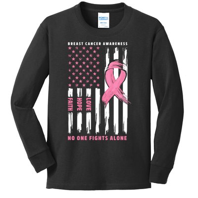 Cool American Flag Breast Cancer Awareness Kids Long Sleeve Shirt