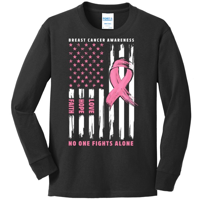 Cool American Flag Breast Cancer Awareness Kids Long Sleeve Shirt