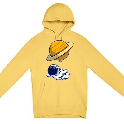 Cute Astronaut Floating On With Saturn Balloon Premium Pullover Hoodie