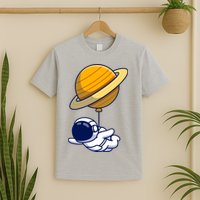 Cute Astronaut Floating On With Saturn Balloon T-Shirt