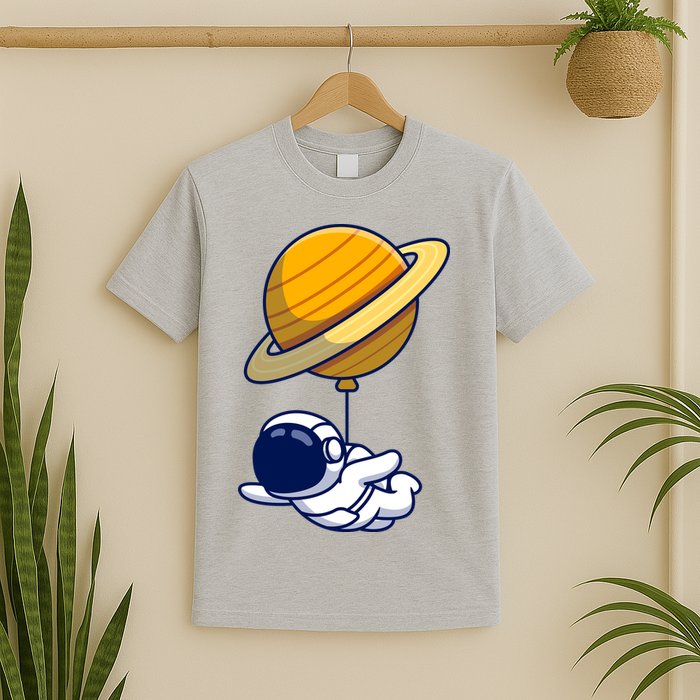 Cute Astronaut Floating On With Saturn Balloon T-Shirt