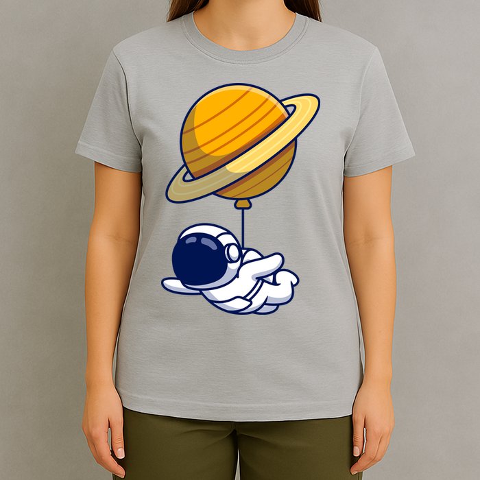Cute Astronaut Floating On With Saturn Balloon T-Shirt