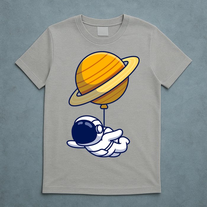 Cute Astronaut Floating On With Saturn Balloon T-Shirt