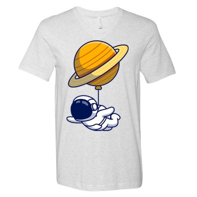 Cute Astronaut Floating On With Saturn Balloon V-Neck T-Shirt