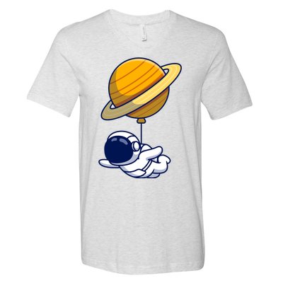 Cute Astronaut Floating On With Saturn Balloon V-Neck T-Shirt