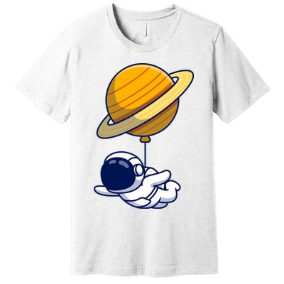 Cute Astronaut Floating On With Saturn Balloon Premium T-Shirt