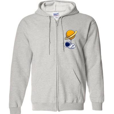 Cute Astronaut Floating On With Saturn Balloon Full Zip Hoodie