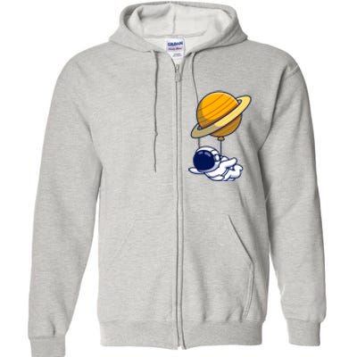 Cute Astronaut Floating On With Saturn Balloon Full Zip Hoodie