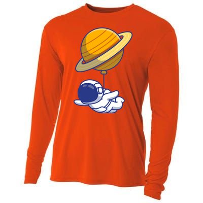 Cute Astronaut Floating On With Saturn Balloon Cooling Performance Long Sleeve Crew