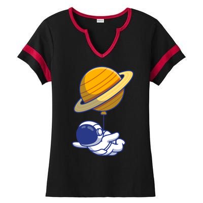 Cute Astronaut Floating On With Saturn Balloon Ladies Halftime Notch Neck Tee