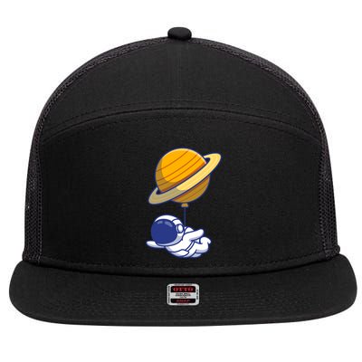 Cute Astronaut Floating On With Saturn Balloon 7 Panel Mesh Trucker Snapback Hat