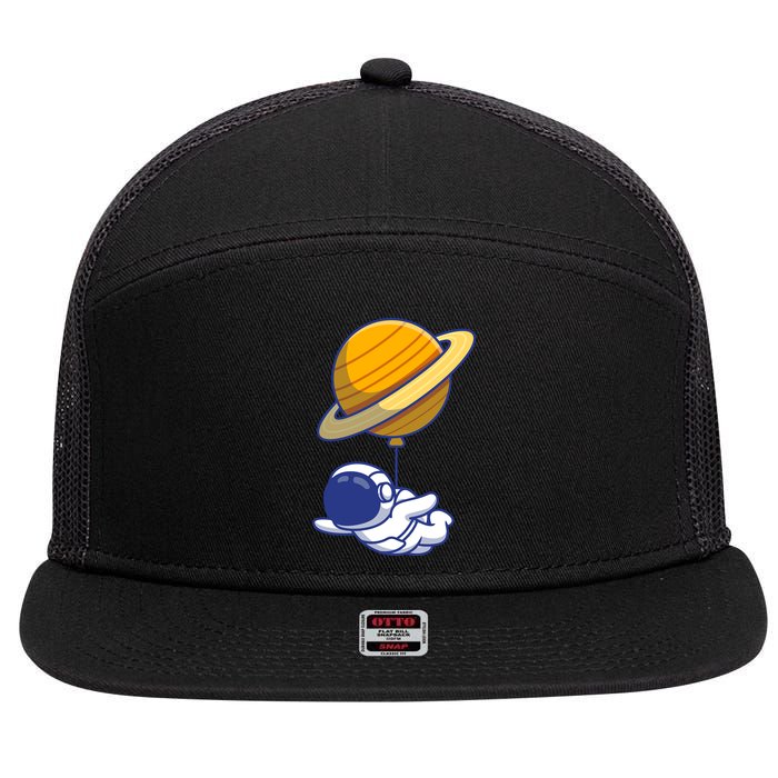 Cute Astronaut Floating On With Saturn Balloon 7 Panel Mesh Trucker Snapback Hat