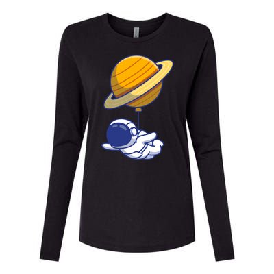 Cute Astronaut Floating On With Saturn Balloon Womens Cotton Relaxed Long Sleeve T-Shirt