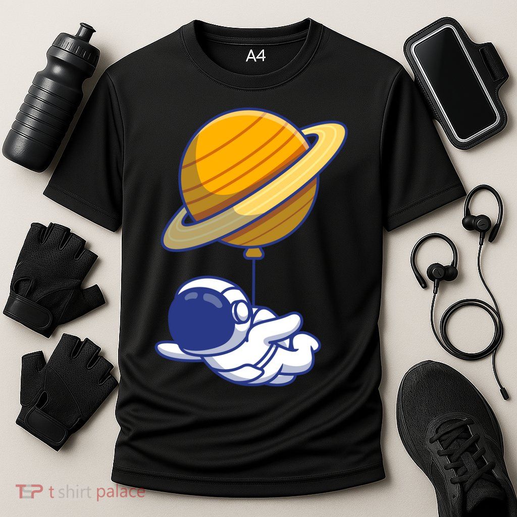 Cute Astronaut Floating On With Saturn Balloon Performance Shirt