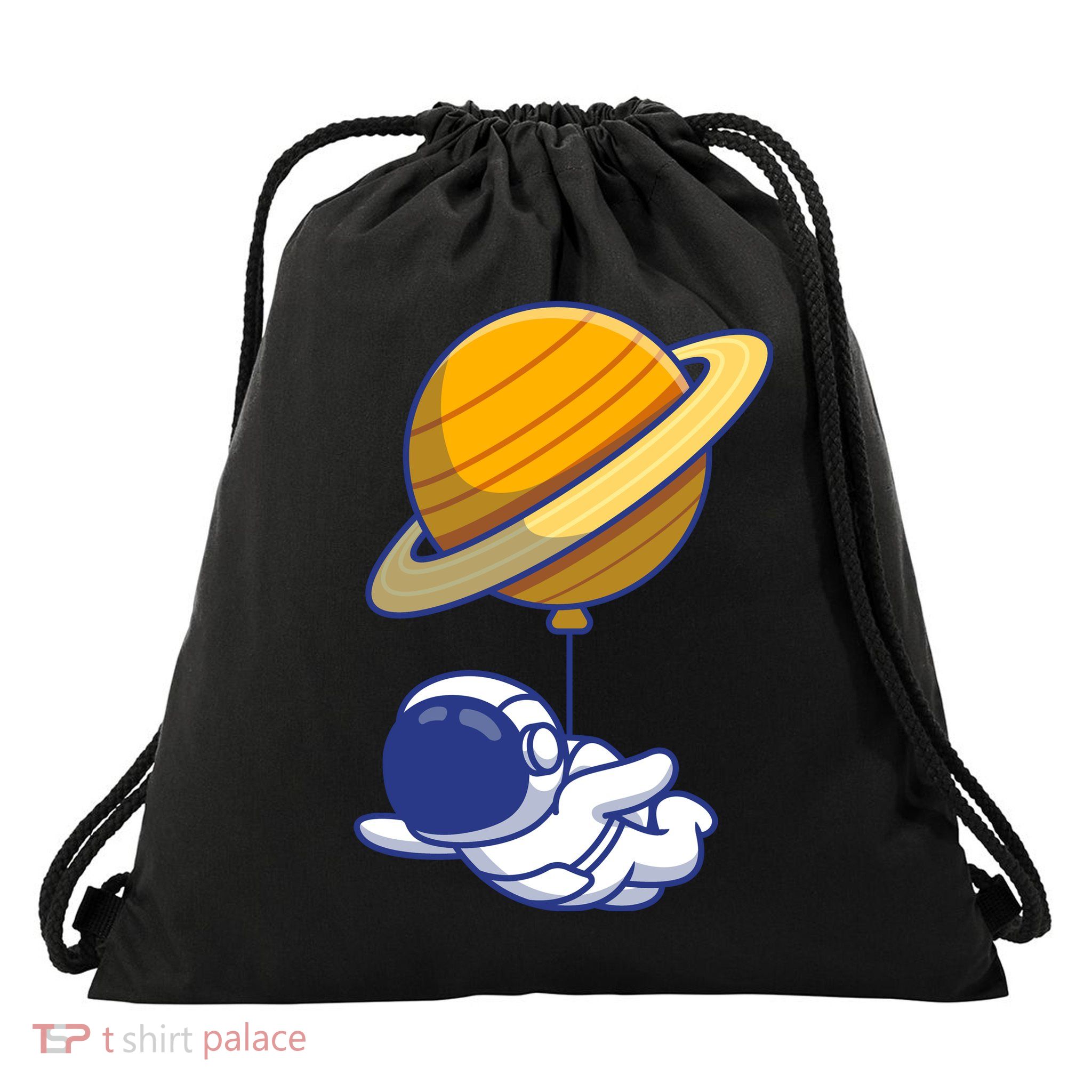 Cute Astronaut Floating On With Saturn Balloon Drawstring Bag