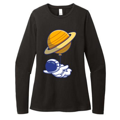 Cute Astronaut Floating On With Saturn Balloon Womens CVC Long Sleeve Shirt